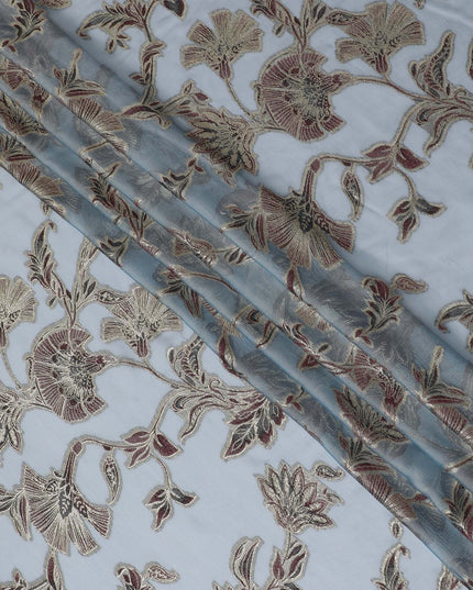 Powder Blue Silk Chiffon (Fransawi) Fabric with Metallic Lurex Floral Design, 110 cm Width-D19731