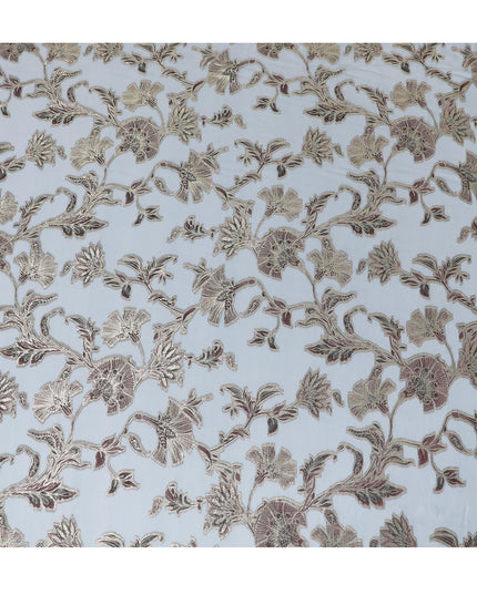 Powder Blue Silk Chiffon (Fransawi) Fabric with Metallic Lurex Floral Design, 110 cm Width-D19731