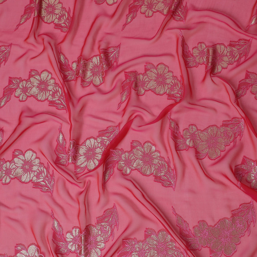 French Fuchsia Silk Chiffon (Fransawi) Fabric with Metallic Gold Lurex Floral Design, 110 cm Width-D19735