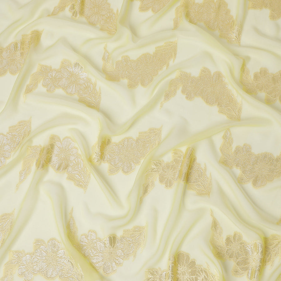 قماش شيفون حرير أصفر ليموني فرنسي (فرنساوي) مع تصميم زهور لوركس ذهبي معدني، عرض 110 سم -D19736