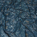 French Teal Silk Chiffon (Fransawi) Fabric with Metallic Gold and Blue Lurex Floral Design, 110 cm Width-D19737