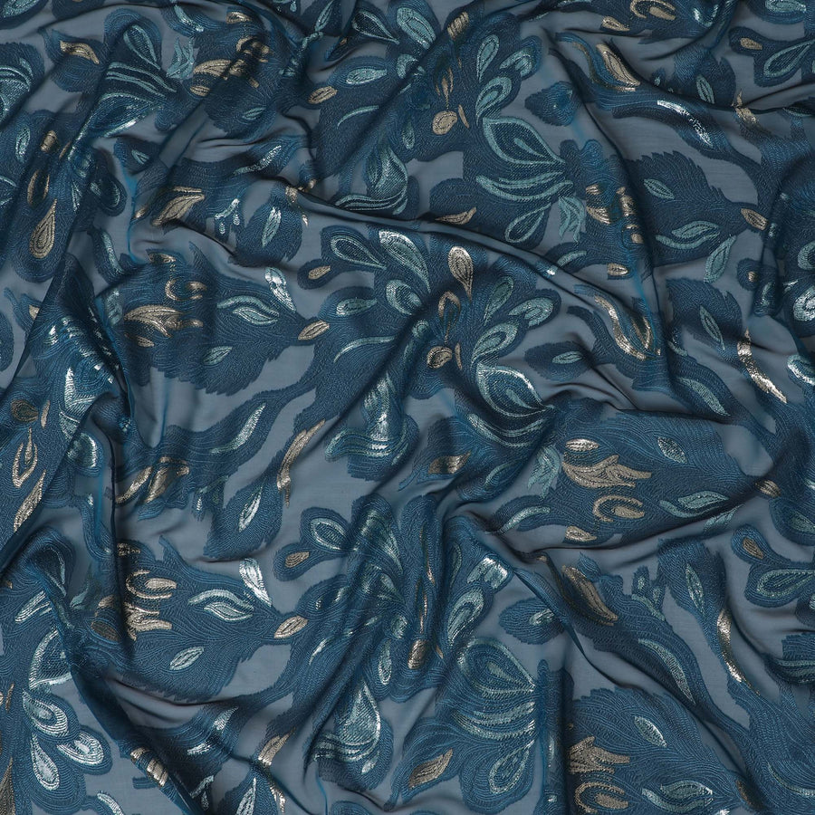 French Teal Silk Chiffon (Fransawi) Fabric with Metallic Gold and Blue Lurex Floral Design, 110 cm Width-D19737