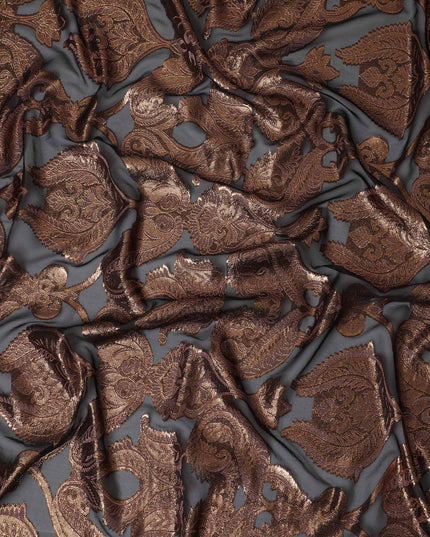 French Chocolate Brown Silk Chiffon (Fransawi) Fabric with Metallic Copper Lurex Paisley Design, 140 cm Width-D19739