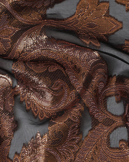 French Chocolate Brown Silk Chiffon (Fransawi) Fabric with Metallic Copper Lurex Paisley Design, 140 cm Width-D19739