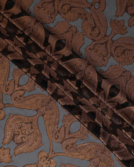 French Chocolate Brown Silk Chiffon (Fransawi) Fabric with Metallic Copper Lurex Paisley Design, 140 cm Width-D19739