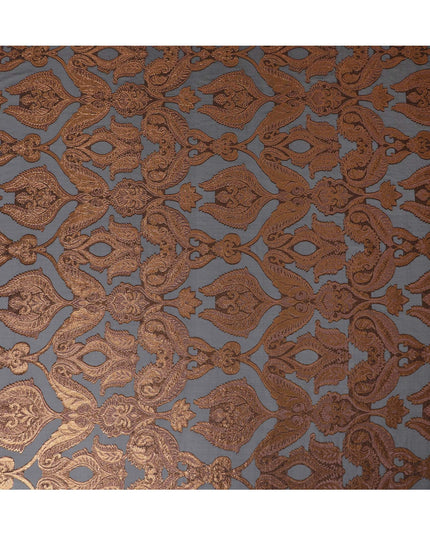 French Chocolate Brown Silk Chiffon (Fransawi) Fabric with Metallic Copper Lurex Paisley Design, 140 cm Width-D19739