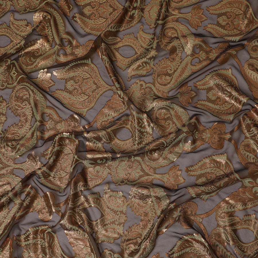 French Silk Chiffon (Fransawi) Fabric with Metallic Copper and Green Lurex Paisley Design, 140 cm Width-D19741