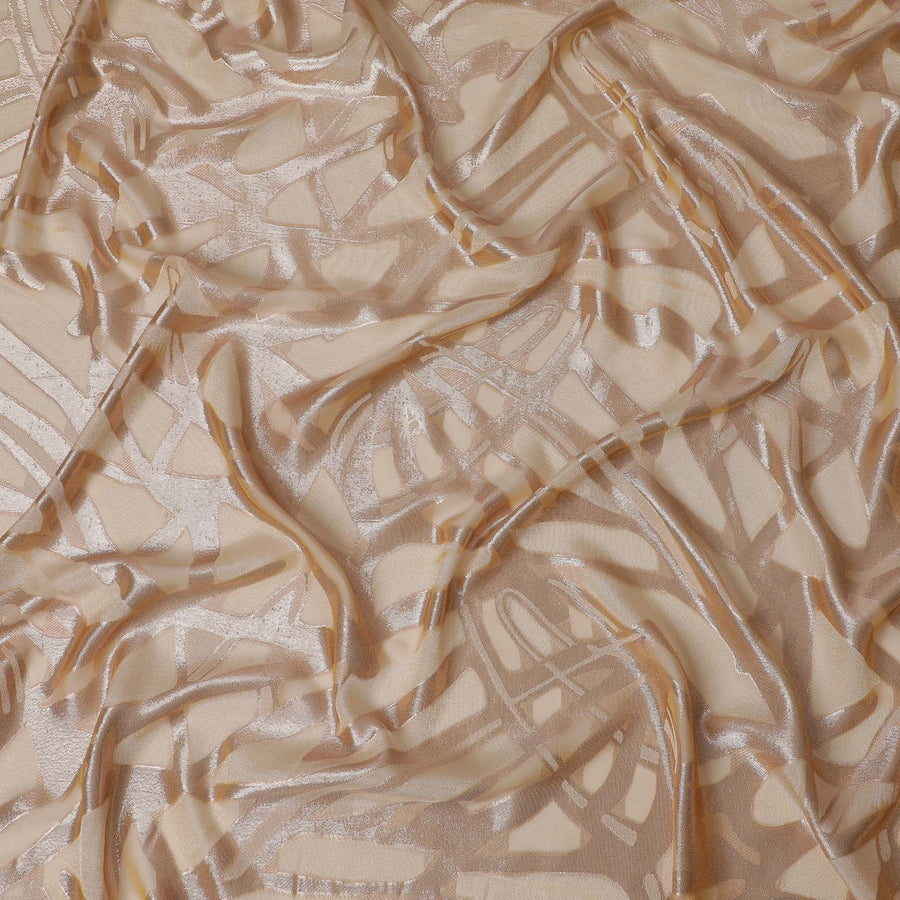 French Silk Chiffon (Fransawi) Fabric with Metallic Gold and Beige Lurex Abstract Design, 140 cm Width-D19744