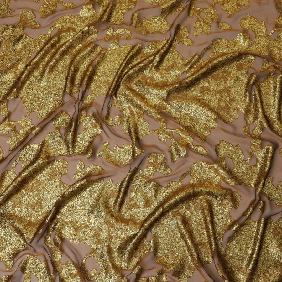 French Silk Chiffon (Fransawi) Fabric with Metallic Gold and Peach Lurex Floral Design, 140 cm Width-D19746