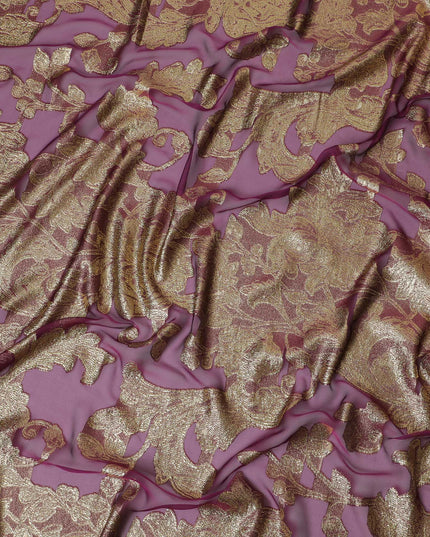 French Silk Chiffon (Fransawi) Fabric with Metallic Gold and Pink Lurex Floral Design, 140 cm Width-D19747