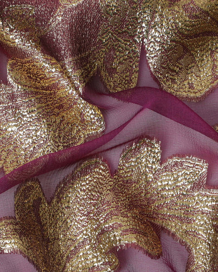 French Silk Chiffon (Fransawi) Fabric with Metallic Gold and Pink Lurex Floral Design, 140 cm Width-D19747