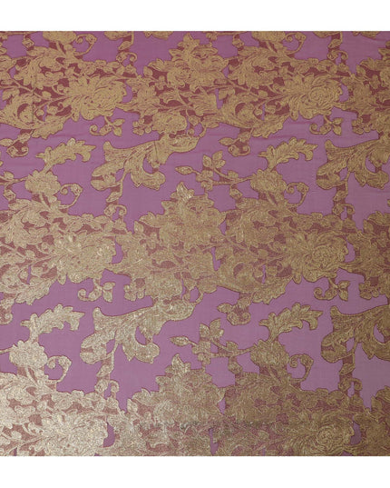 French Silk Chiffon (Fransawi) Fabric with Metallic Gold and Pink Lurex Floral Design, 140 cm Width-D19747