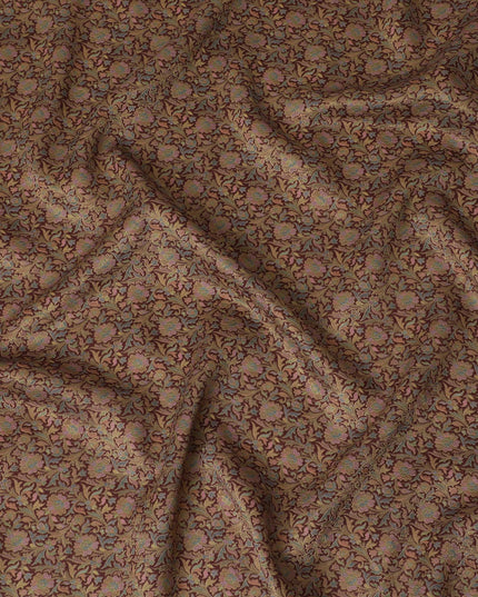 Silk Brocade Fabric with Brown and Gold Floral Design, 110 cm Width, Indian Origin-D19750