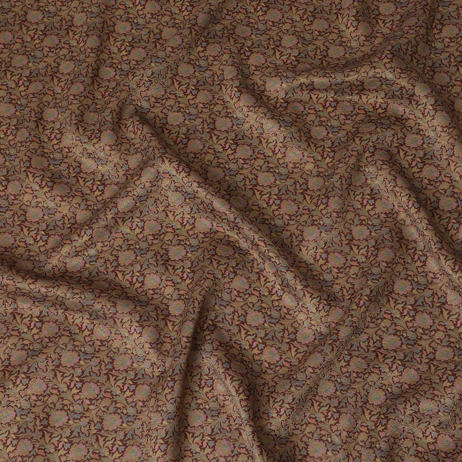 قماش حرير بروكار مع تصميم زهور بني وذهبي، عرض 110 سم، هندي المنشأ-D19750