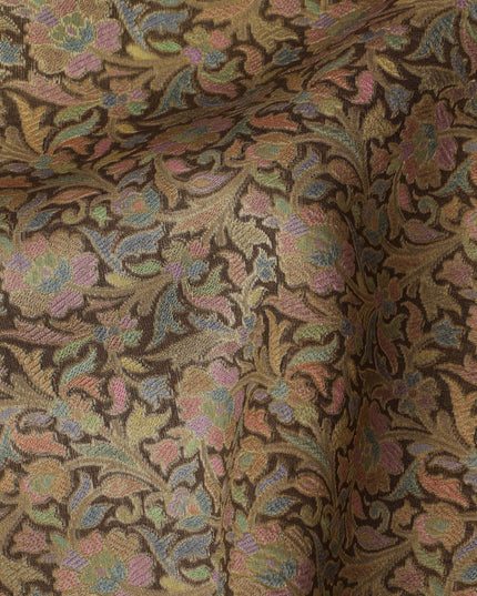 Silk Brocade Fabric with Olive Green and Gold Floral Design, 110 cm Width, Indian Origin-D19751