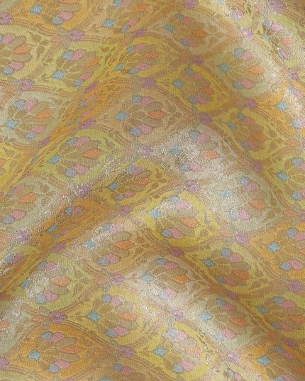 Silk Brocade Fabric with Pastel Yellow and Gold Floral Design, 110 cm Width, Indian Origin-D19752