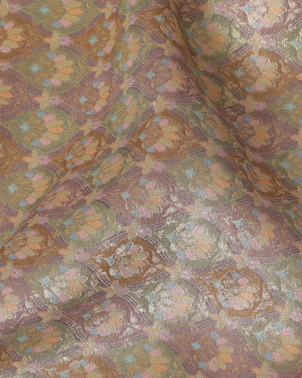 Silk Brocade Fabric with Peach and Gold Floral Design, 110 cm Width, Indian Origin-D19753