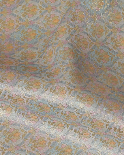 Silk Brocade Fabric with Sky Blue and Gold Floral Design, 110 cm Width, Indian Origin-D19754