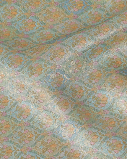 Silk Brocade Fabric with Mint Green and Gold Floral Design, 110 cm Width, Indian Origin-D19755