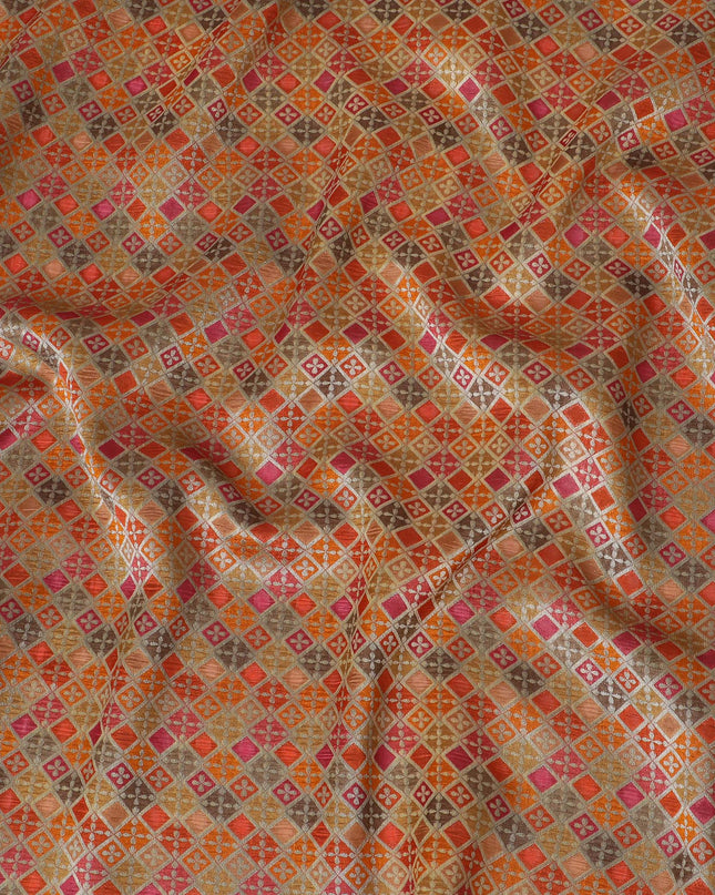 Silk Brocade Fabric with Orange, Pink, and Gold Geometric Design, 110 cm Width, Indian Origin-D19756