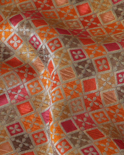 Silk Brocade Fabric with Orange, Pink, and Gold Geometric Design, 110 cm Width, Indian Origin-D19756