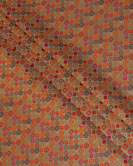 Silk Brocade Fabric with Orange, Pink, and Gold Geometric Design, 110 cm Width, Indian Origin-D19756