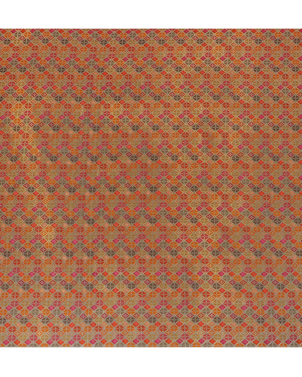 Silk Brocade Fabric with Orange, Pink, and Gold Geometric Design, 110 cm Width, Indian Origin-D19756