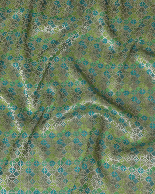 Silk Brocade Fabric with Green, Blue, and Gold Geometric Design, 110 cm Width, Indian Origin-D19757