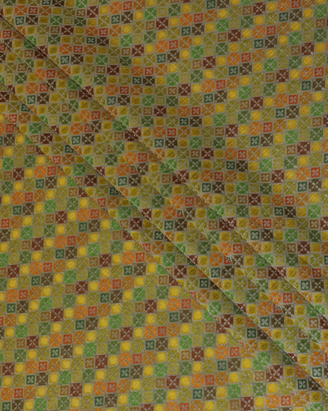 Silk Brocade Fabric with Yellow, Green, and Orange Geometric Design, 110 cm Width, Indian Origin-D19758