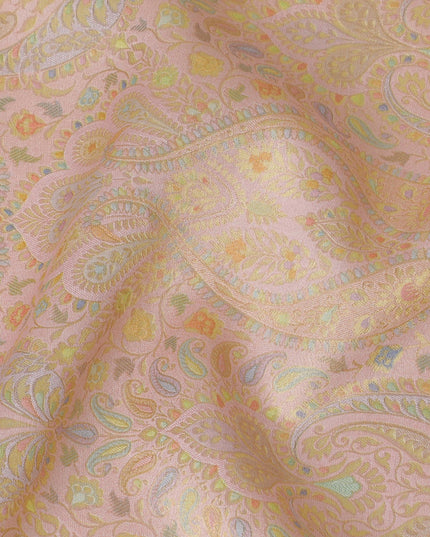 Silk Brocade Fabric with Pastel Pink and Gold Paisley Design, 110 cm Width, Indian Origin-D19759