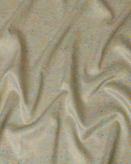 Silk Brocade Fabric with Light Blue and Gold Paisley Design, 110 cm Width, Indian Origin-D19760