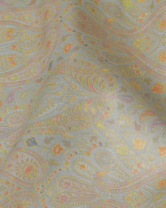 Silk Brocade Fabric with Light Blue and Gold Paisley Design, 110 cm Width, Indian Origin-D19760