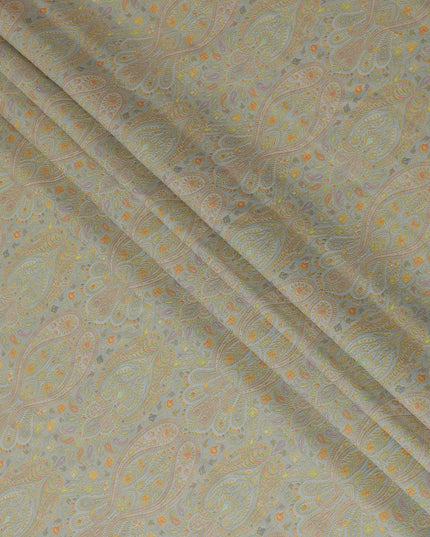 Silk Brocade Fabric with Light Blue and Gold Paisley Design, 110 cm Width, Indian Origin-D19760