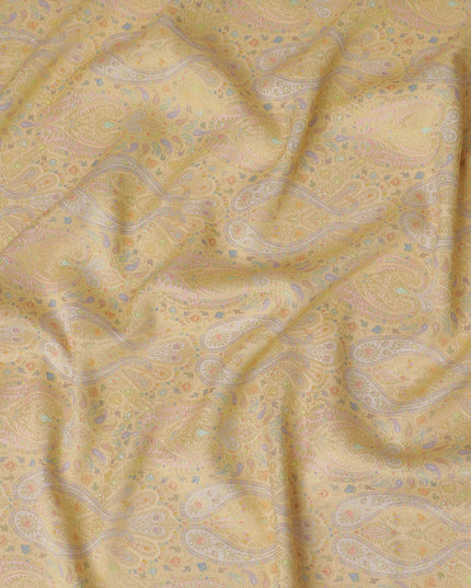 Silk Brocade Fabric with Soft Yellow and Gold Paisley Design, 110 cm Width, Indian Origin-D19761