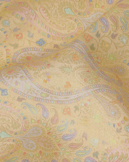 Silk Brocade Fabric with Soft Yellow and Gold Paisley Design, 110 cm Width, Indian Origin-D19761