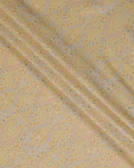 Silk Brocade Fabric with Soft Yellow and Gold Paisley Design, 110 cm Width, Indian Origin-D19761