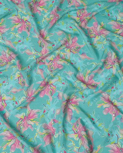 Turquoise and Pink Floral Viscose Crepe Printed Fabric - 110 cm Wide-D20005