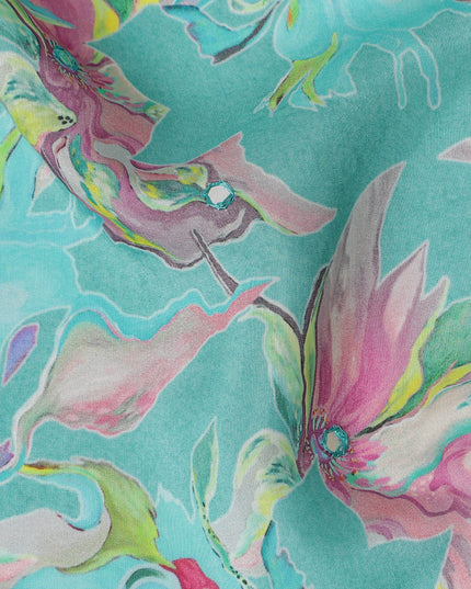 Turquoise and Pink Floral Viscose Crepe Printed Fabric - 110 cm Wide-D20005