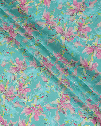 Turquoise and Pink Floral Viscose Crepe Printed Fabric - 110 cm Wide-D20005