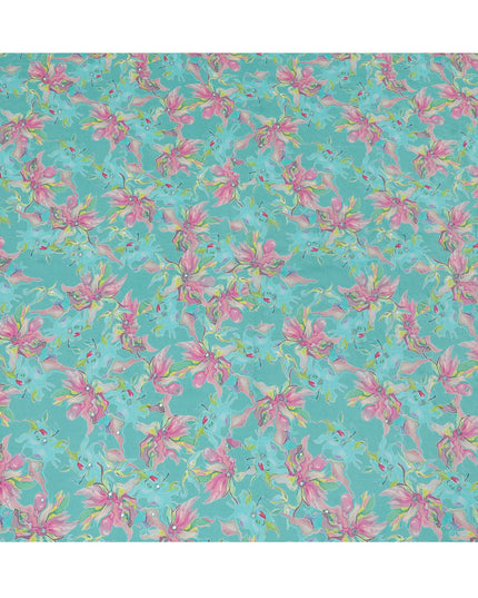 Turquoise and Pink Floral Viscose Crepe Printed Fabric - 110 cm Wide-D20005