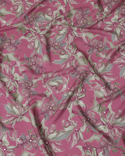 Pink and Grey Floral Viscose Crepe Printed Fabric - 110 cm Wide-D20006