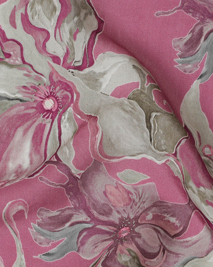 Pink and Grey Floral Viscose Crepe Printed Fabric - 110 cm Wide-D20006