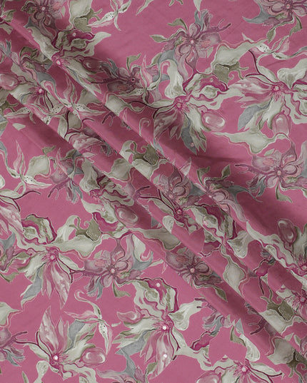 Pink and Grey Floral Viscose Crepe Printed Fabric - 110 cm Wide-D20006