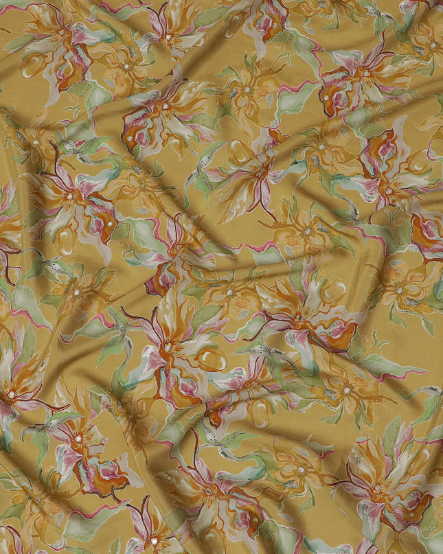 Golden Yellow and Green Floral Viscose Crepe Printed Fabric - 110 cm Wide-D20007