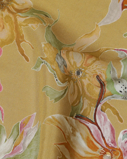 Golden Yellow and Green Floral Viscose Crepe Printed Fabric - 110 cm Wide-D20007