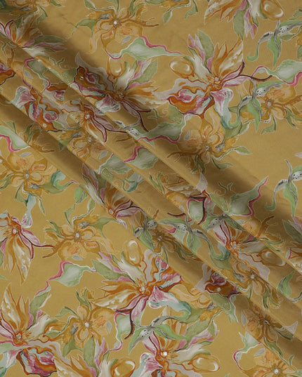 Golden Yellow and Green Floral Viscose Crepe Printed Fabric - 110 cm Wide-D20007