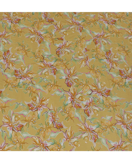 Golden Yellow and Green Floral Viscose Crepe Printed Fabric - 110 cm Wide-D20007