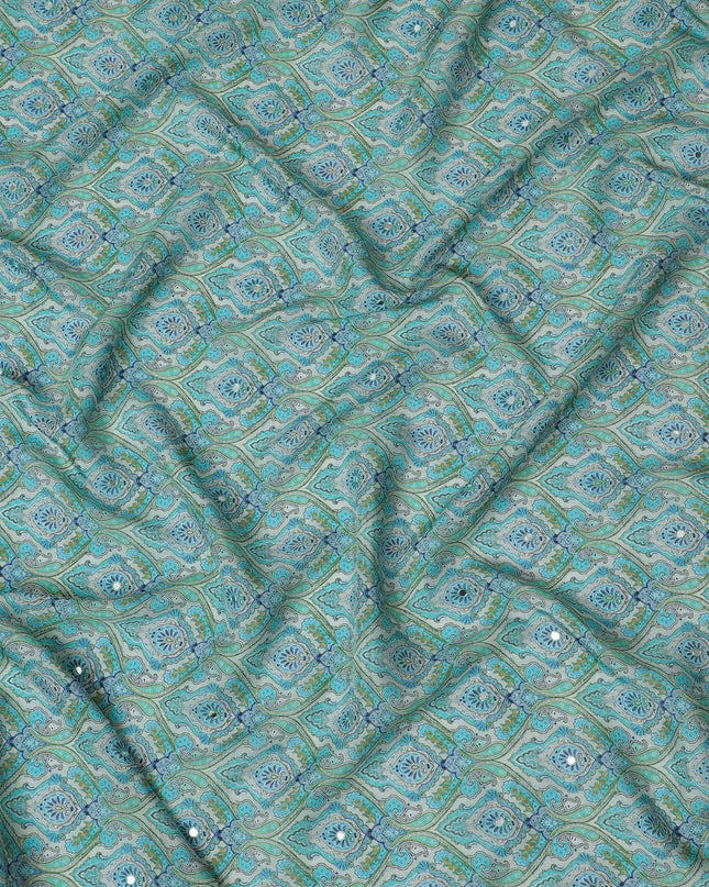 Aqua Blue and Green Paisley Viscose Crepe Printed Fabric - 110 cm Wide-D20008