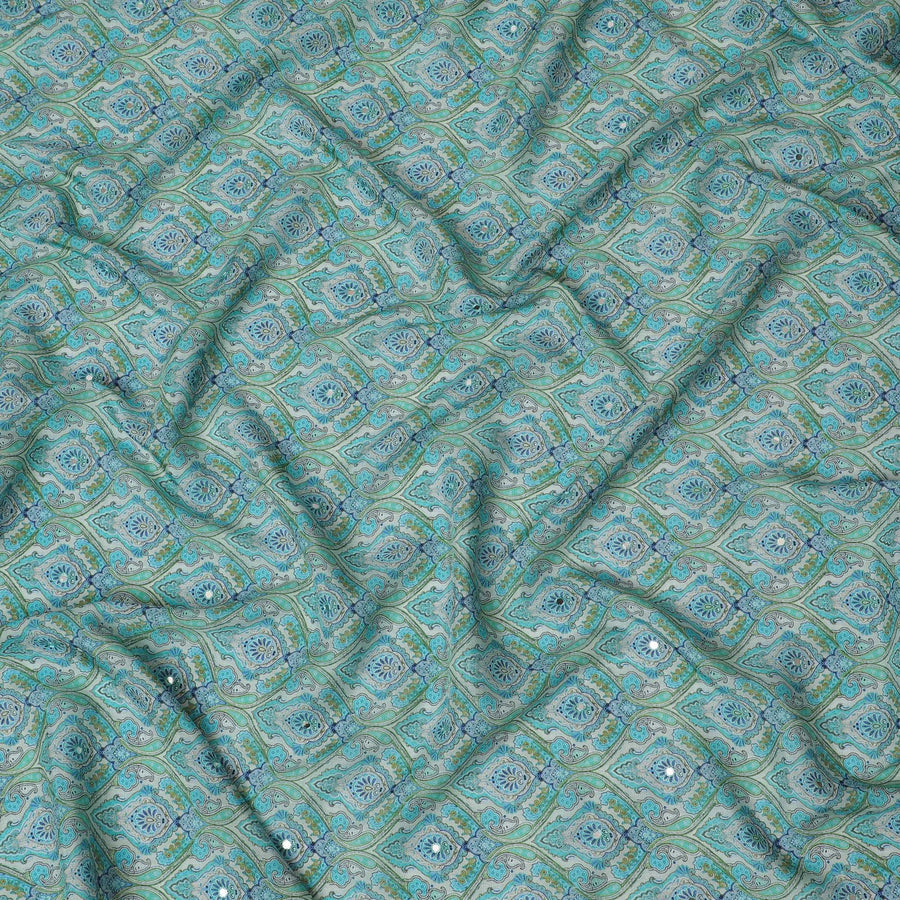 Aqua Blue and Green Paisley Viscose Crepe Printed Fabric - 110 cm Wide-D20008