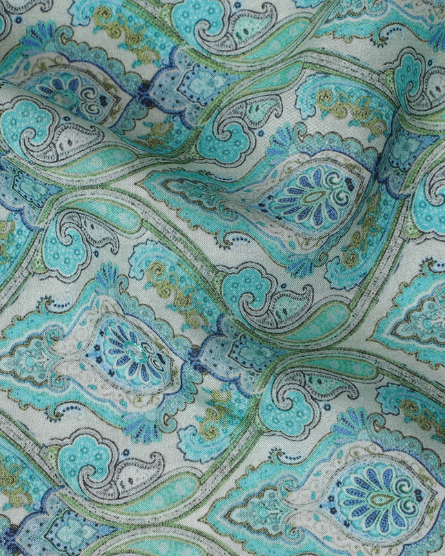Aqua Blue and Green Paisley Viscose Crepe Printed Fabric - 110 cm Wide-D20008